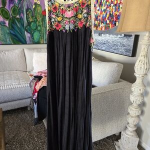 Anthropologie Black Floral Embroidered Midi Dress